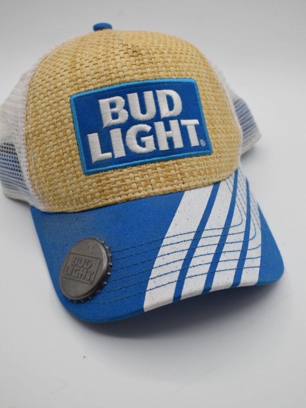 Bud Light Trucker Hat with Built-In Bottle Opener Blue Straw Mesh Snapback Beer
